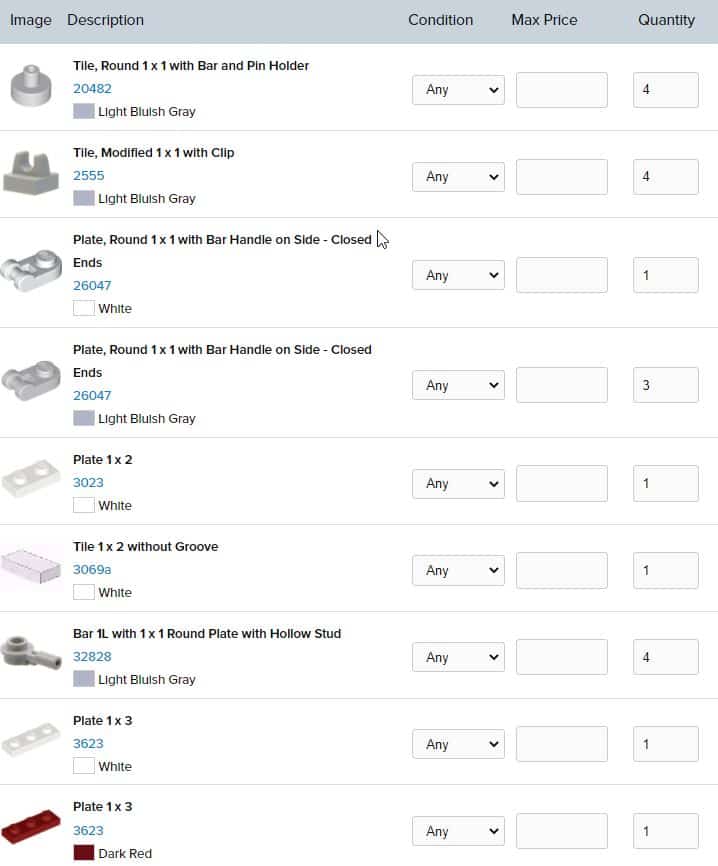 X Wing Parts List 1