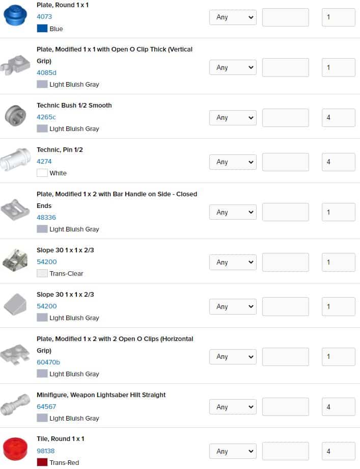 X Wing Parts List 2